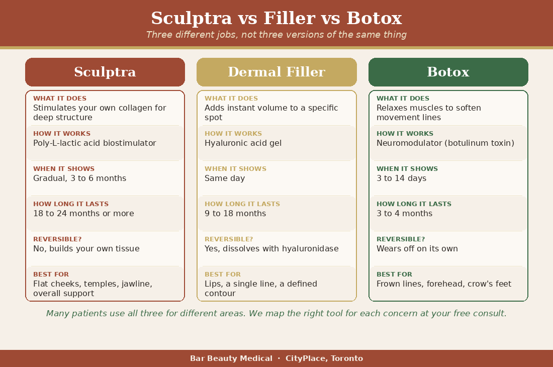 Sculptra vs dermal filler vs Botox comparison chart | Bar Beauty Medical