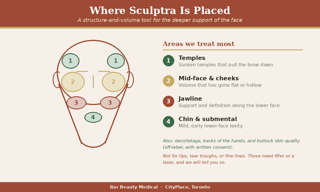 Facial map of areas Sculptra treats, temples cheeks jawline chin | Bar Beauty Medical