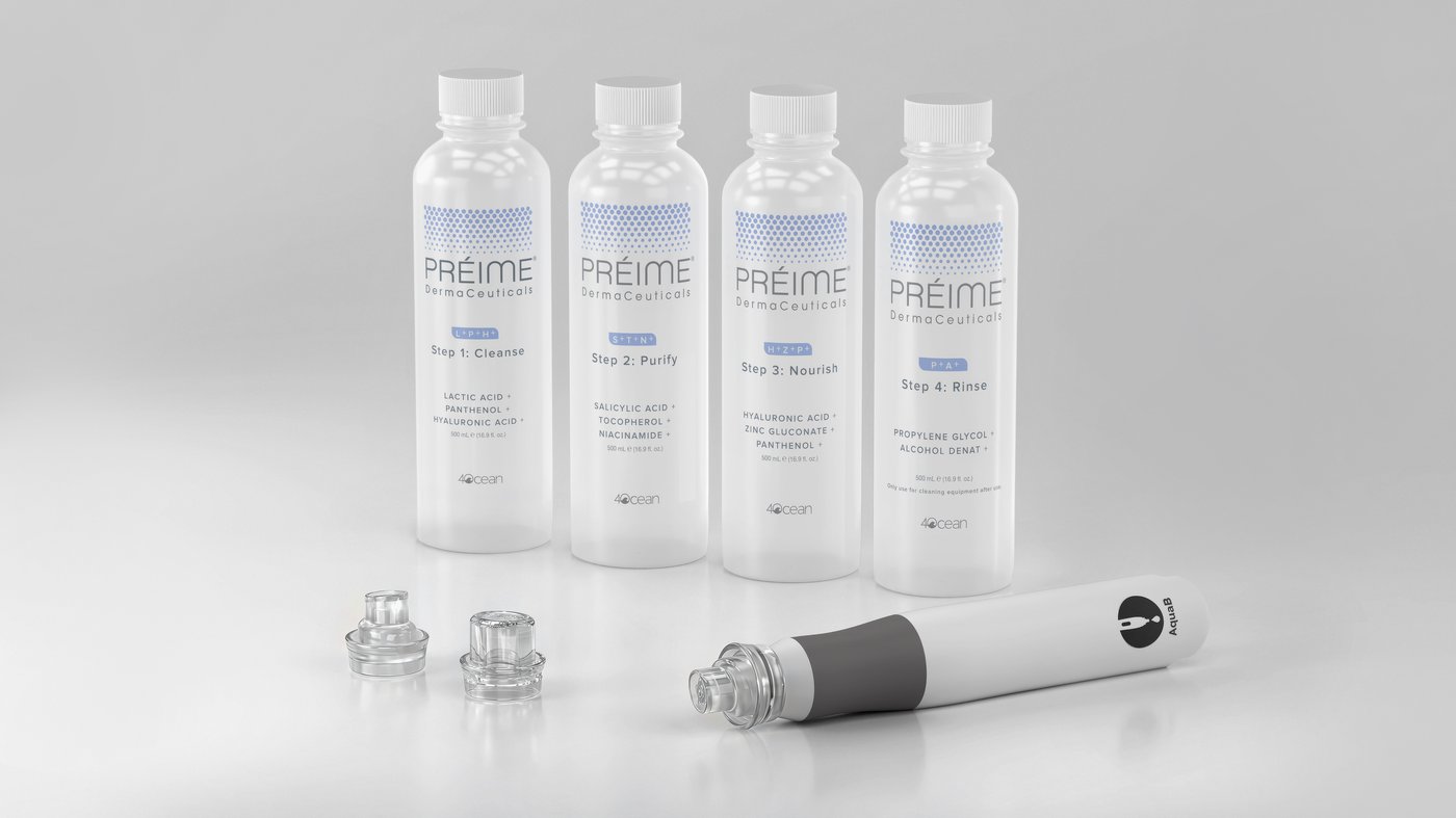 Pr&eacute;ime DermaCeuticals four-step AquaB solutions with the AquaB handpiece