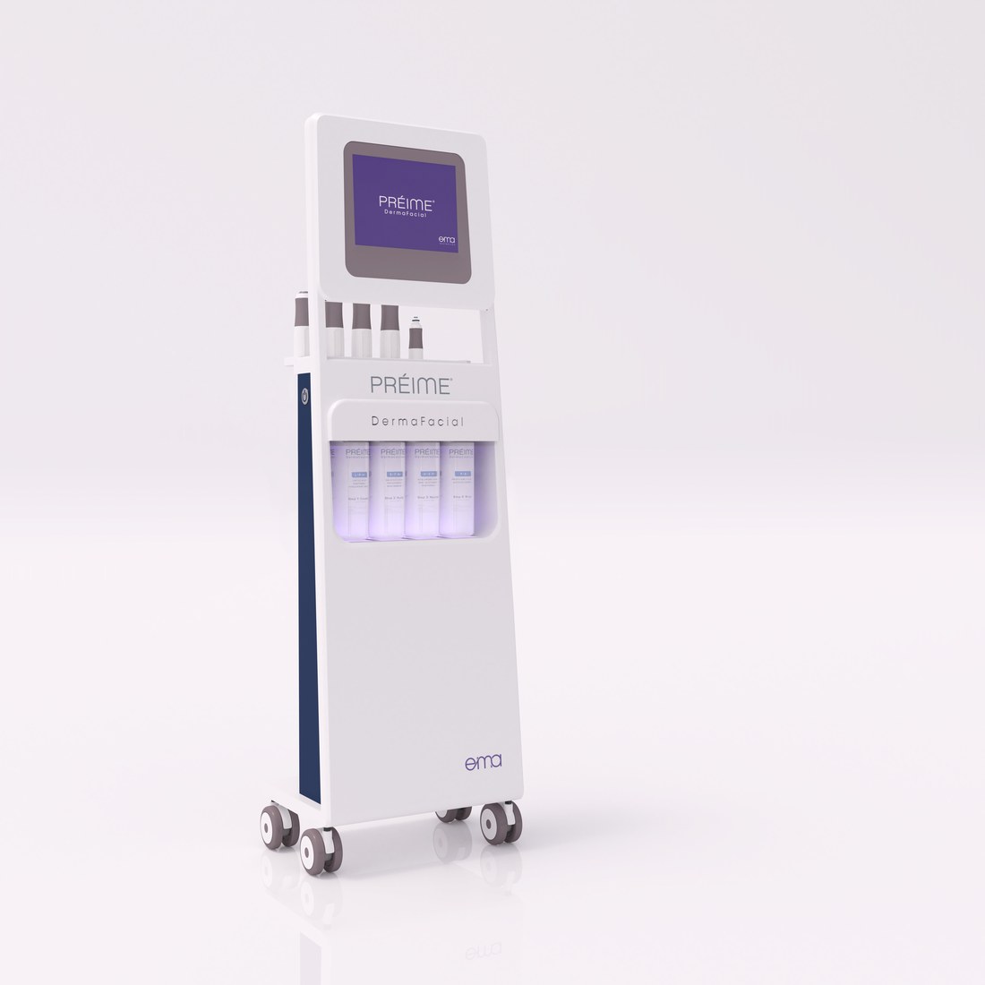 Pr&eacute;ime DermaFacial platform by Ema Aesthetics, showing the five handpieces and solution bay