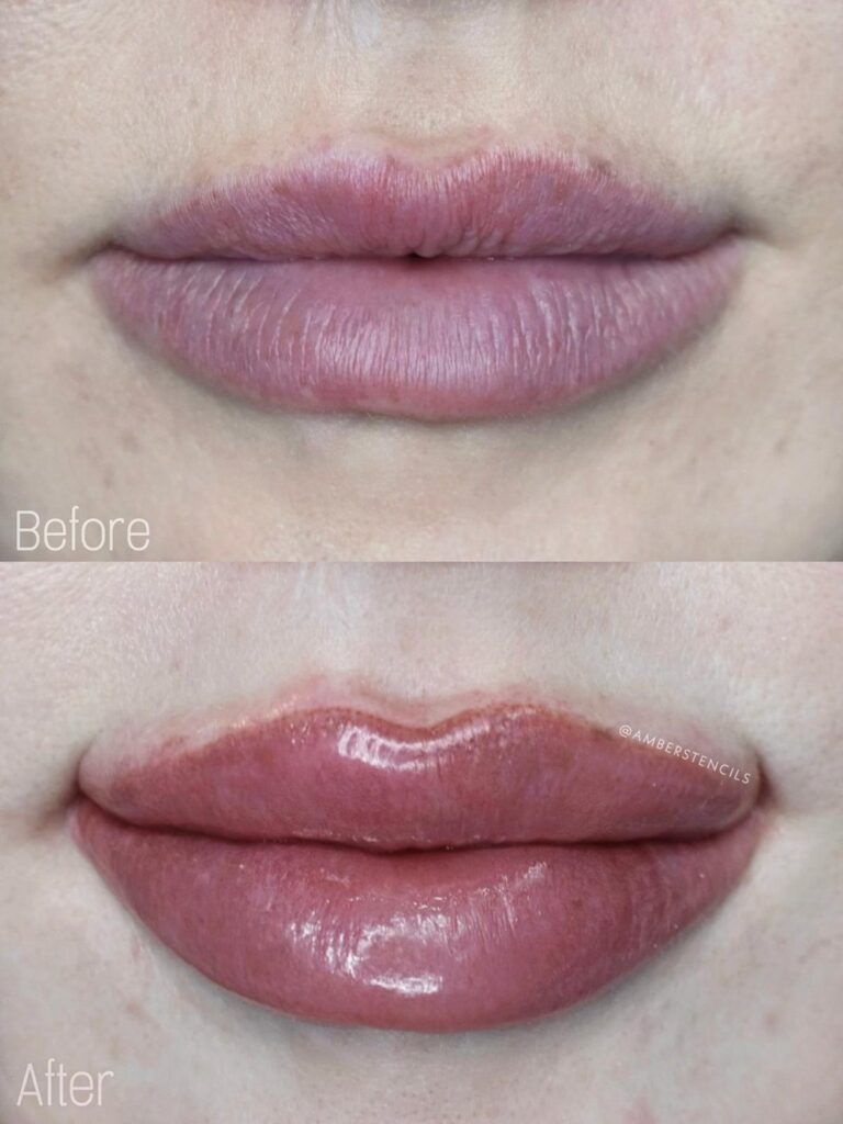 Lip blush tattoo result on fair freckled skin, healed, by Amber Stenson, Toronto