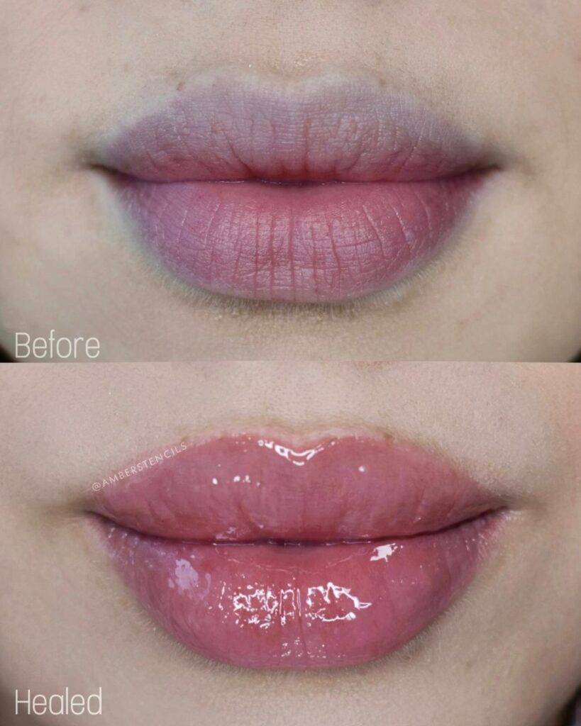 Lip blush healed result showing restored lip border and colour, Toronto permanent makeup