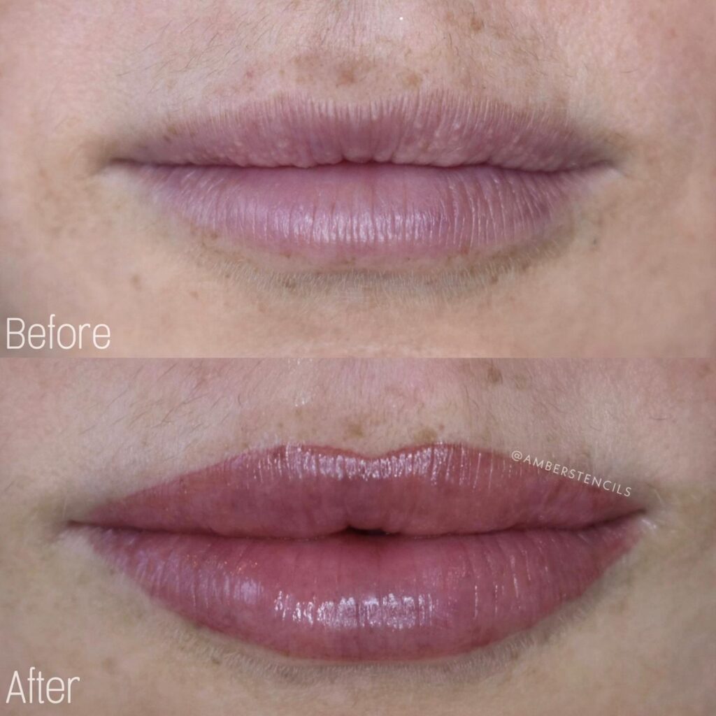 Lip blush tattoo before and after, natural healed tone, Amber Stenson Toronto