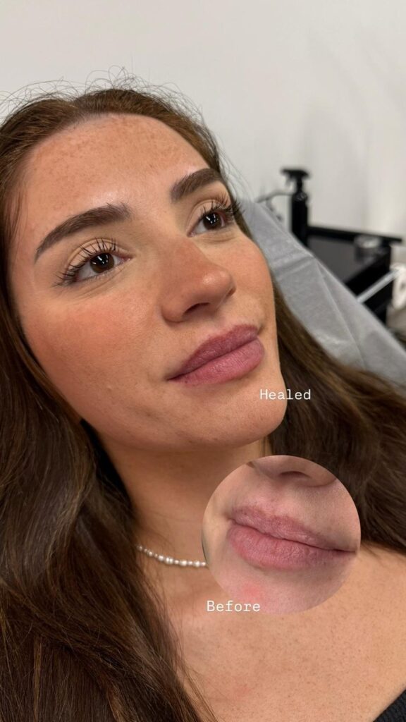 Lip blush healed versus before comparison, soft natural colour, Toronto permanent makeup