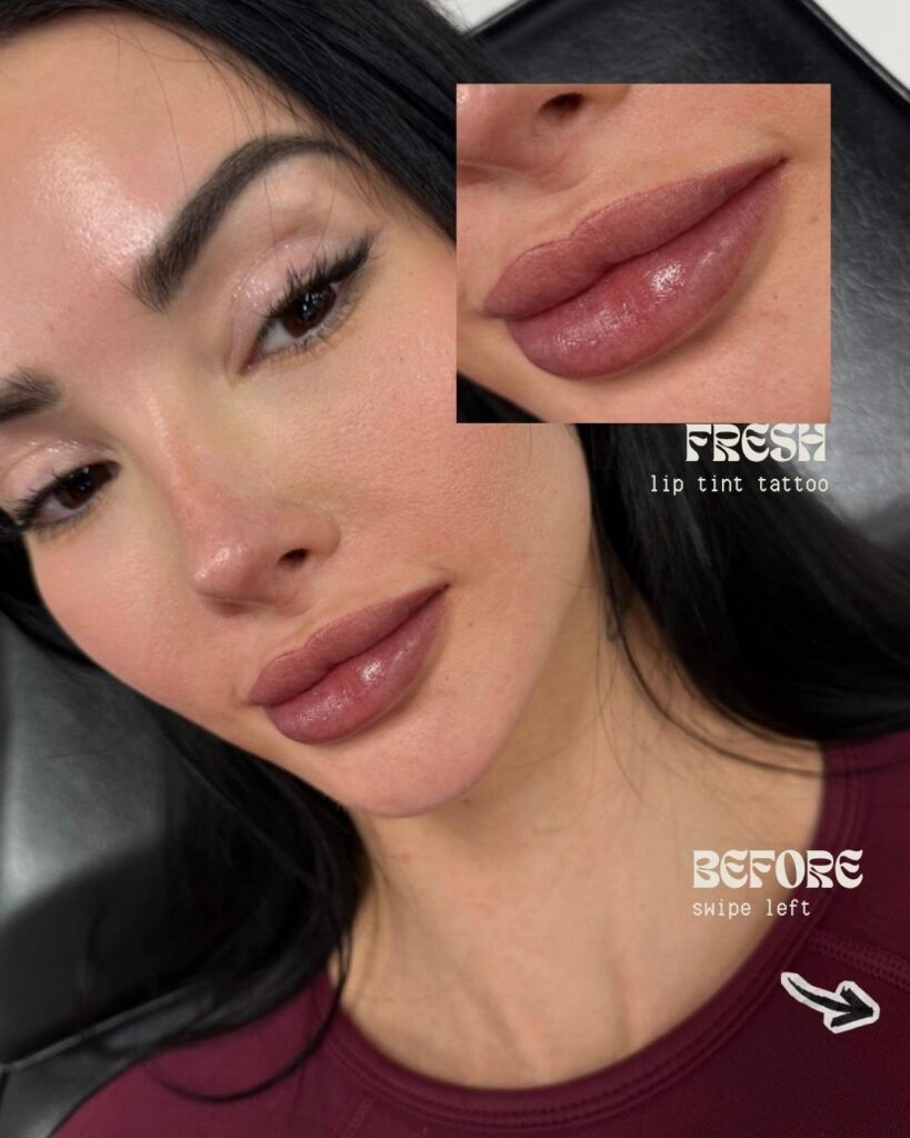 Lip blush client before and after, full face view, Toronto permanent makeup