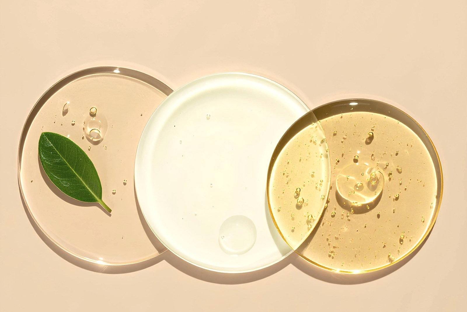 Clear dishes of facial serum representing the serum infusion step of a machine facial
