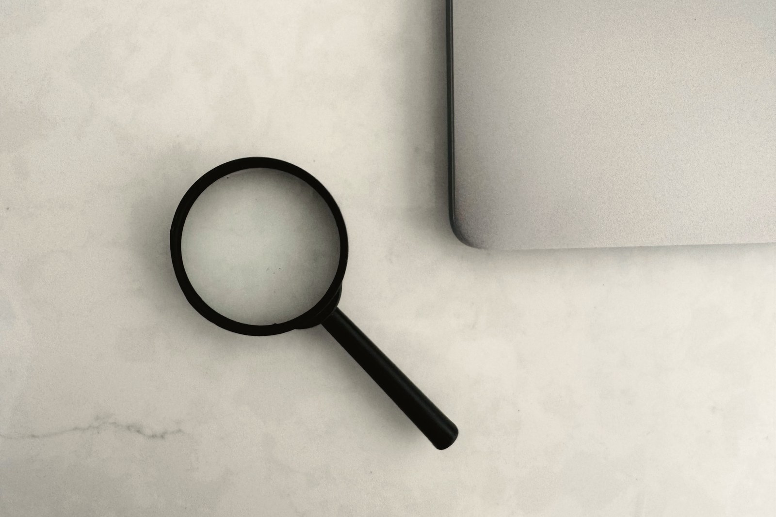 A magnifying glass beside a laptop, checking a product licence record online