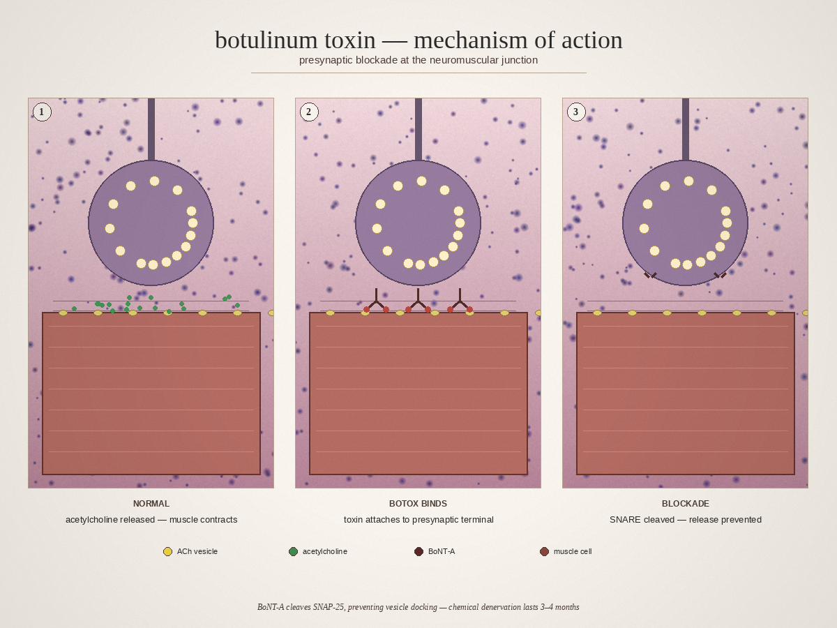 Three-panel cellular diagram showing how Botox blocks SNARE proteins at the neuromuscular junction to prevent acetylcholine release