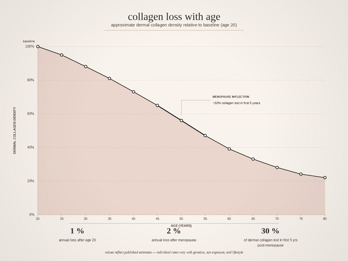 Line chart showing collagen production decline by age, with menopause inflection point and treatment-window annotations