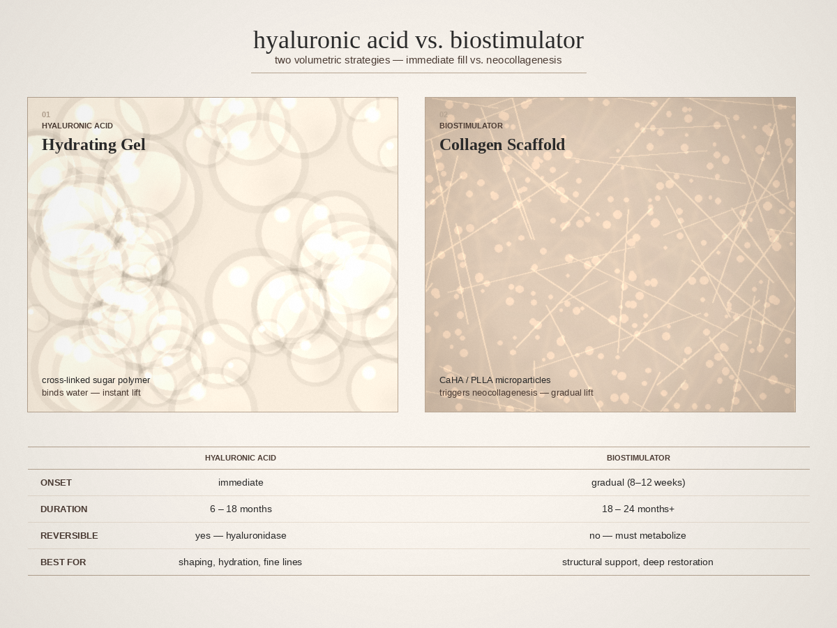 Comparison diagram of HA filler versus Sculptra biostimulator showing different mechanisms — gel bubbles versus fibrous collagen matrix